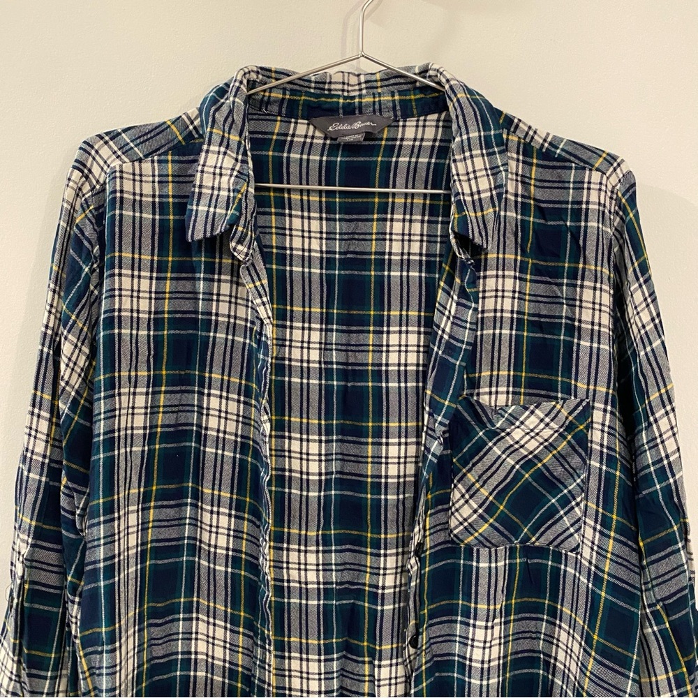 Eddie Bauer Blue Green & White Viscose Plaid Button Down Long Sleeve Blouse - Picture 2 of 10